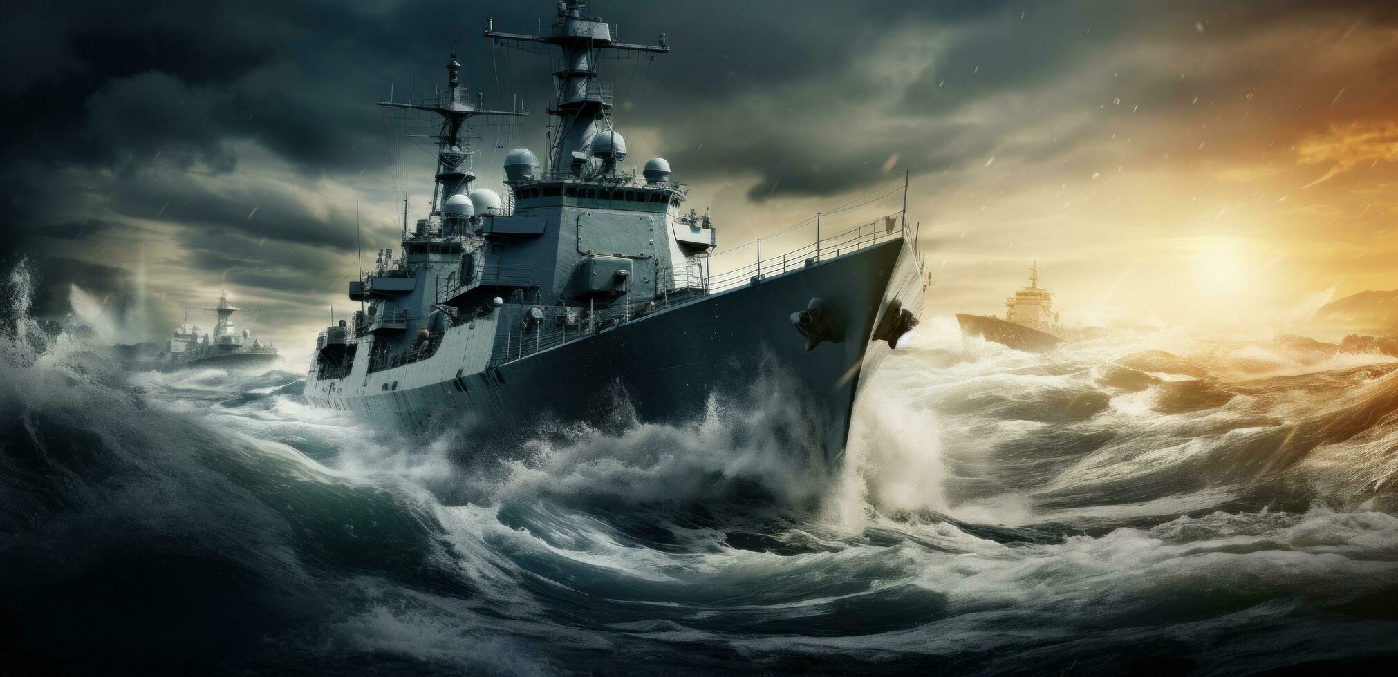 ai generated naval ships moving on the surface of the ocean during stormy day free photo