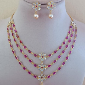 Ruby long haram set with pearl drop